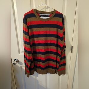 TOMMY HILFIGER Men's Long Sleeve Striped Crew Sweater Red Brown Blue XXLarge